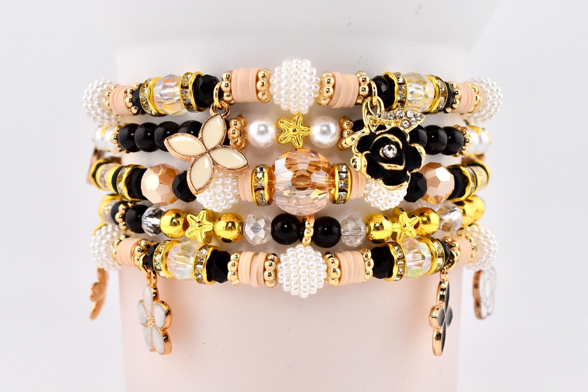 Wild Blooms Flower Charm Bracelet Collection: Black, Cream and Gold Beaded Bracelets