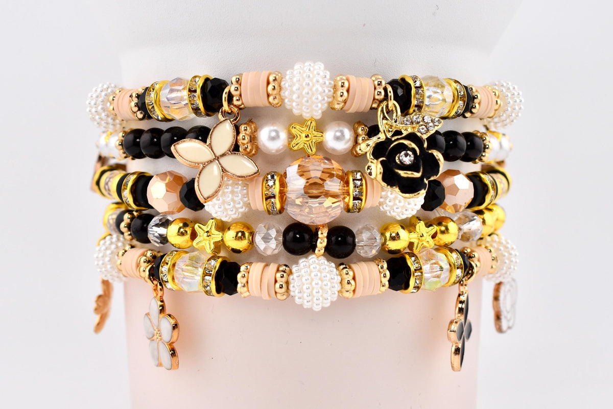 Wild Blooms Flower Charm Bracelet Collection: Black, Cream and Gold Beaded Bracelets