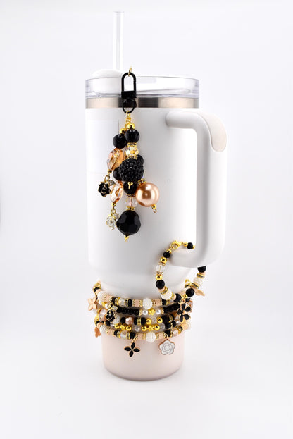 Wild Blooms Straw Charm: Tumbler Charm with Black White and Gold Flowers