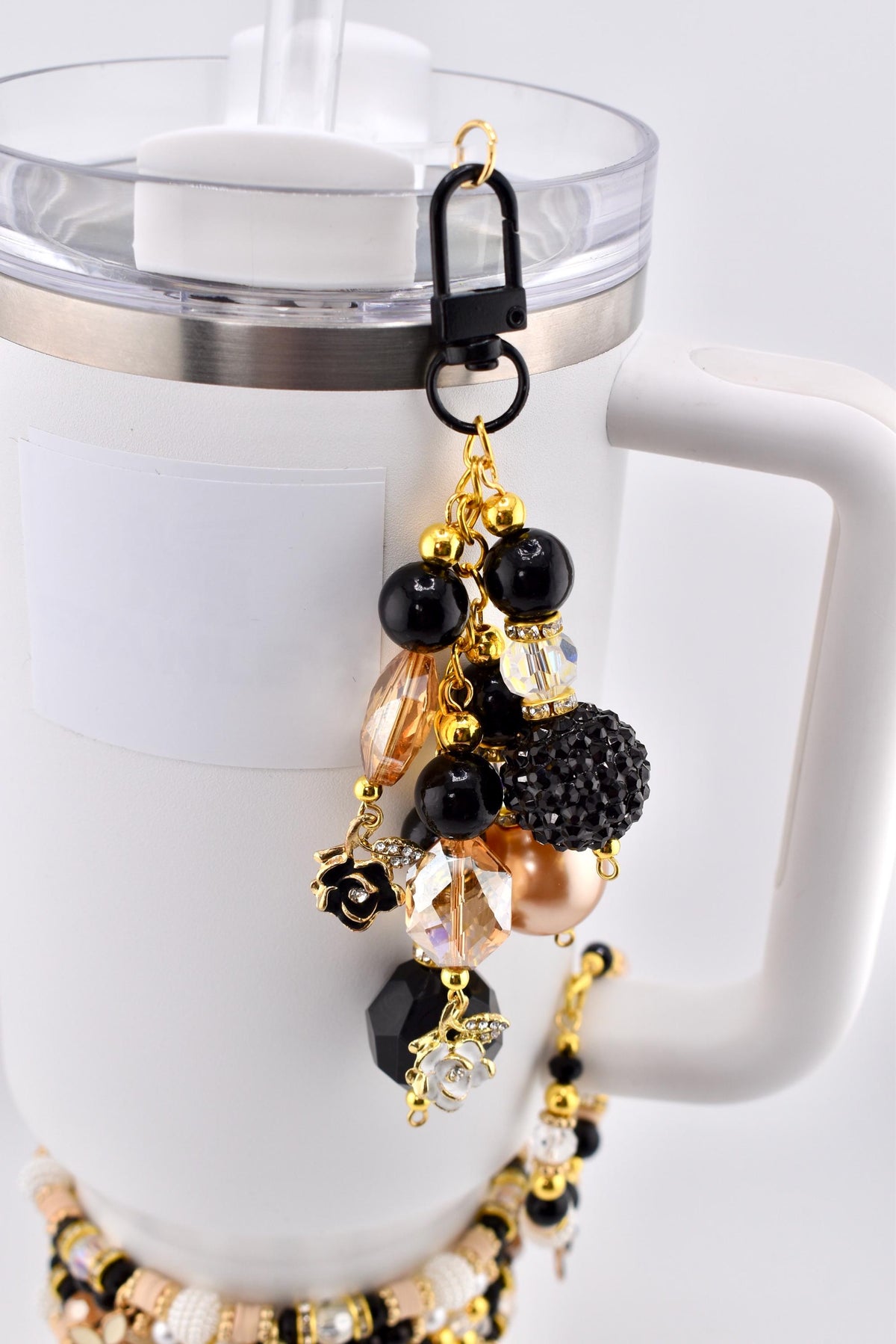 Wild Blooms Straw Charm: Tumbler Charm with Black White and Gold Flowers
