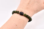 Green Nephrite Jade Beaded Bracelet, Gold Accents, Boho Stone Jewelry
