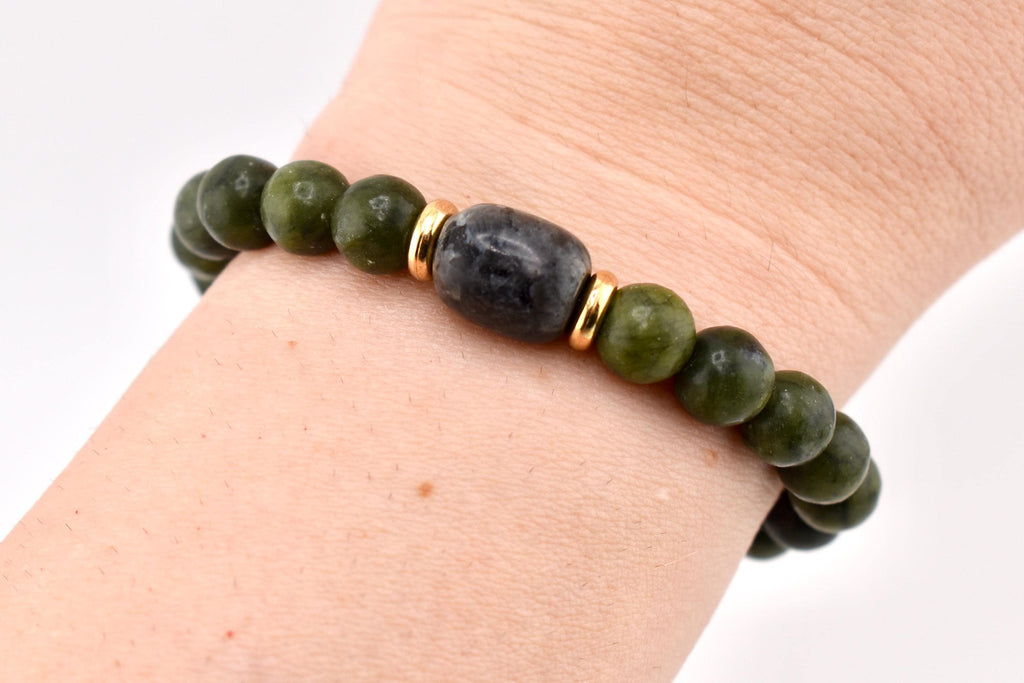 Green Nephrite Jade Beaded Bracelet, Gold Accents, Boho Stone Jewelry