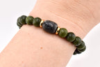 Green Nephrite Jade Beaded Bracelet, Gold Accents, Boho Stone Jewelry
