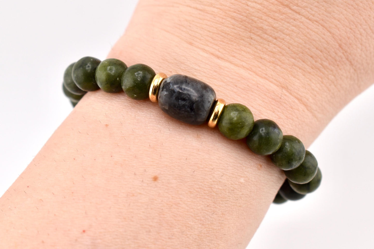 Green Nephrite Jade Beaded Bracelet, Gold Accents, Boho Stone Jewelry