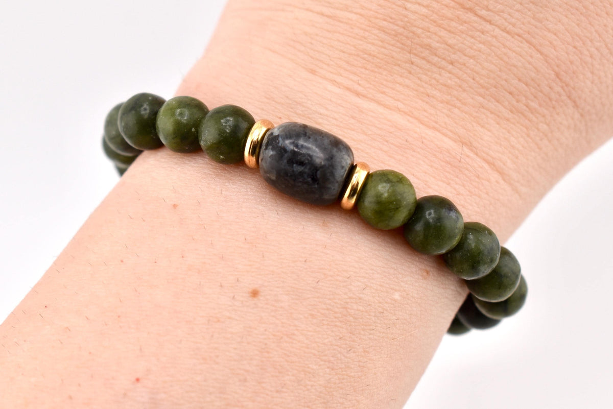 Green Nephrite Jade Beaded Bracelet, Gold Accents, Boho Stone Jewelry