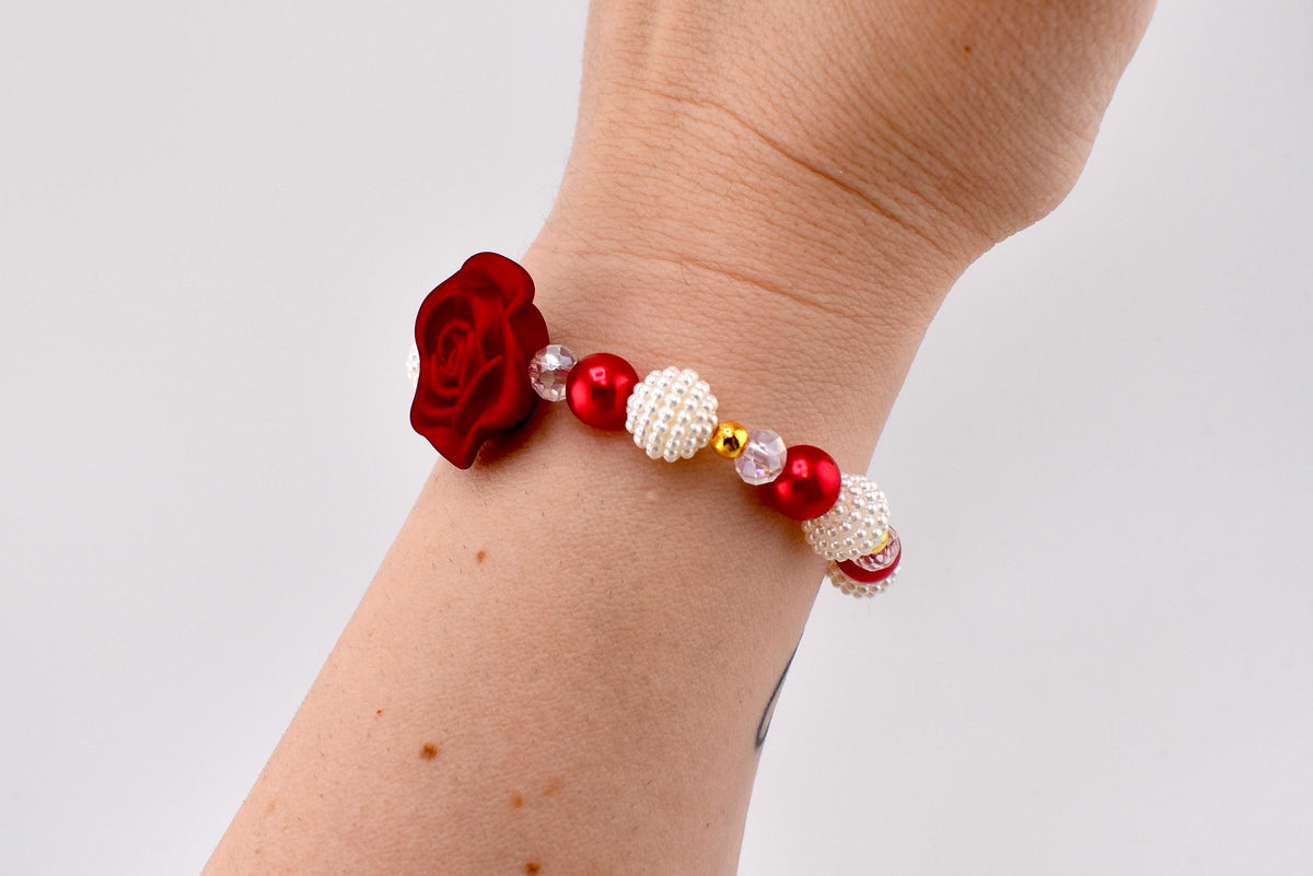 Red Rose and Pearl Beaded Bracelet