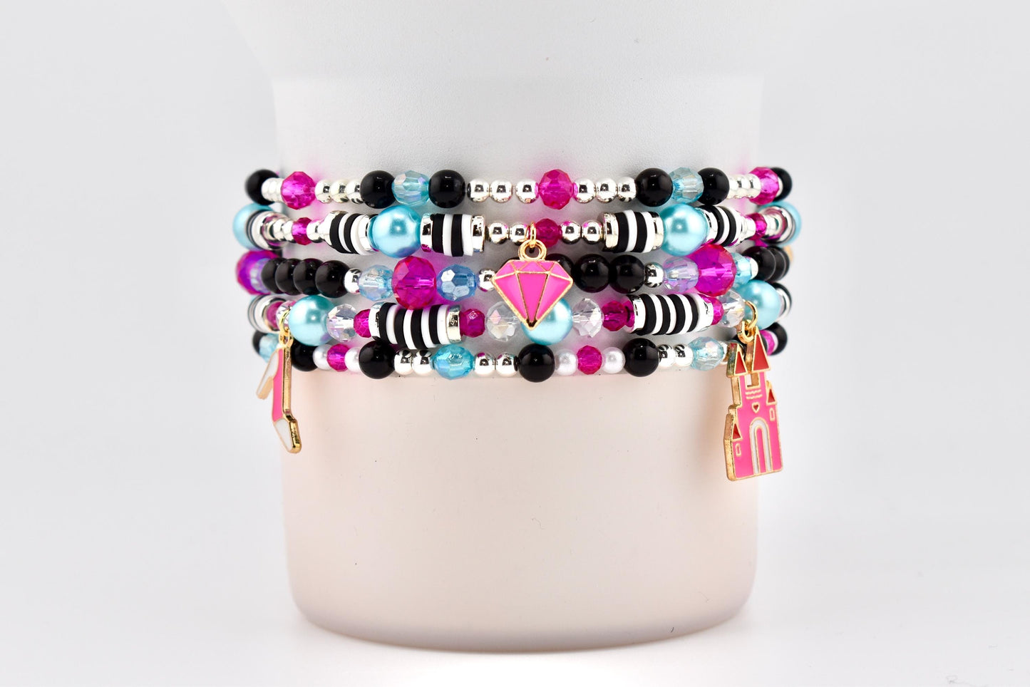 Barbie 1959 Collection Beaded Bracelets: Pink, Black, White, Blue, Silver Accents
