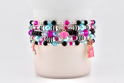 Barbie 1959 Collection Beaded Bracelets: Pink, Black, White, Blue, Silver Accents