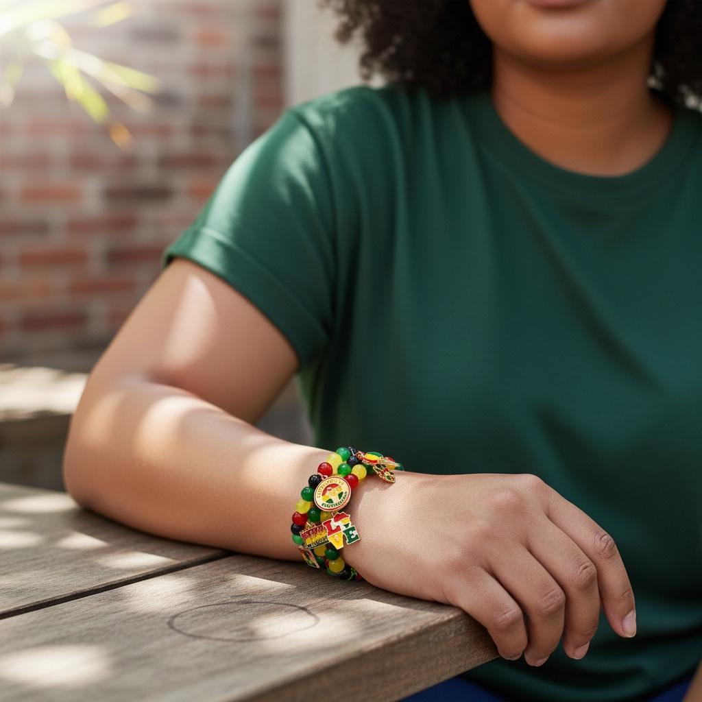 Beaded bracelets with red, yellow, green, and black beads. The bracelet features charms with the colors of the Rastafarian flag, a gold-colored charm with a lion, and charms with the word "LOVE".