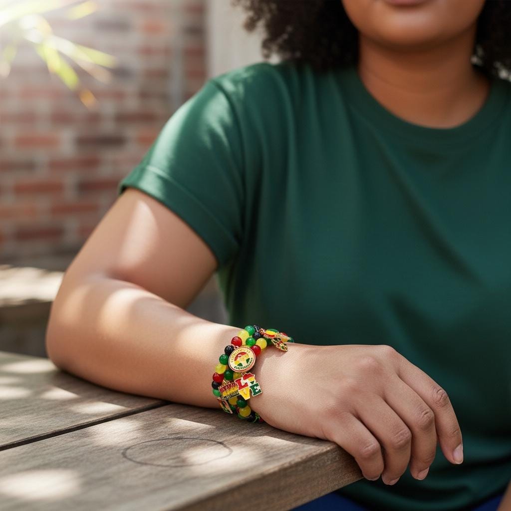 Beaded bracelets with red, yellow, green, and black beads. The bracelet features charms with the colors of the Rastafarian flag, a gold-colored charm with a lion, and charms with the word "LOVE".