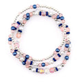 A set of 5 beaded bracelets with navy blue, light pink and silver beads.