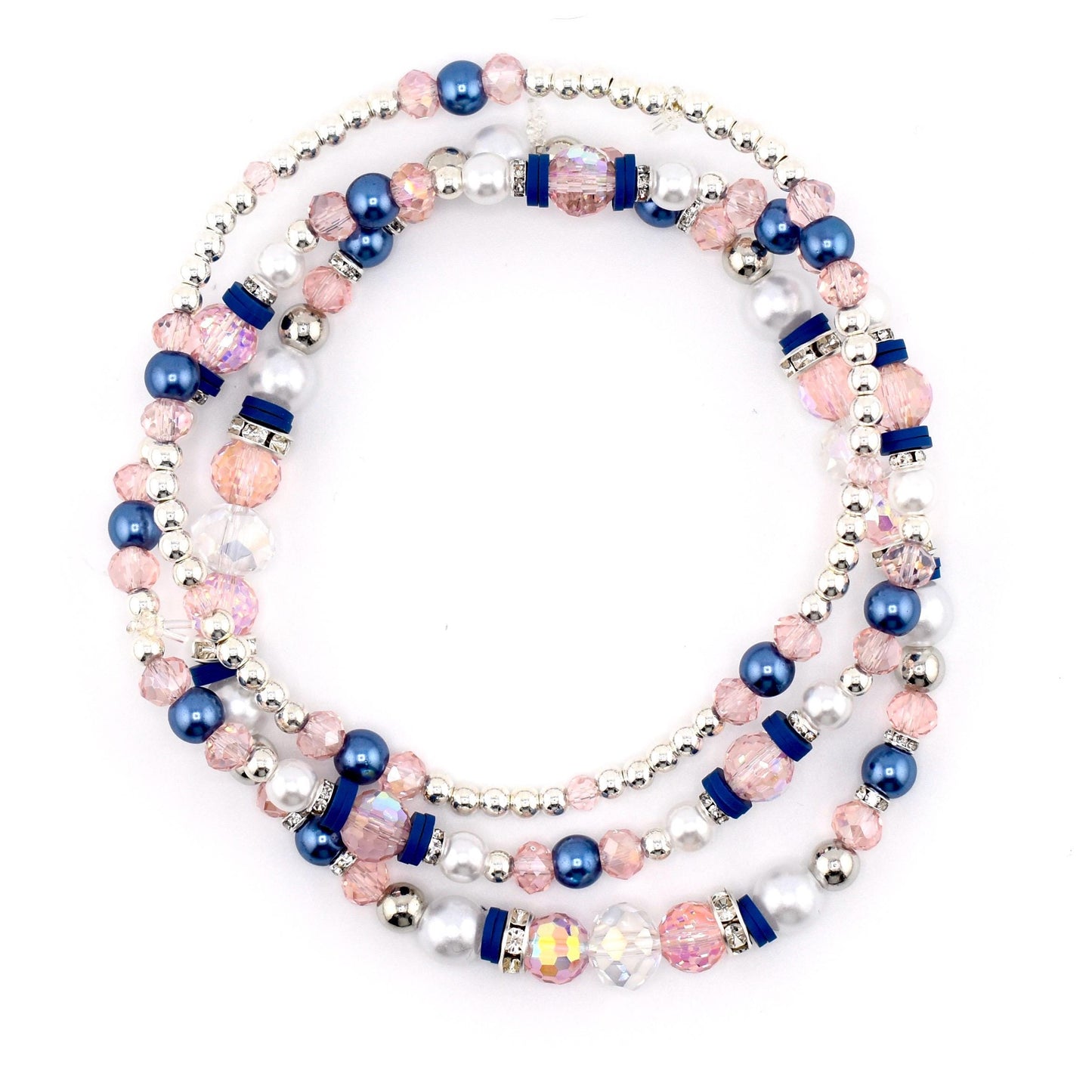 A set of 5 beaded bracelets with navy blue, light pink and silver beads.