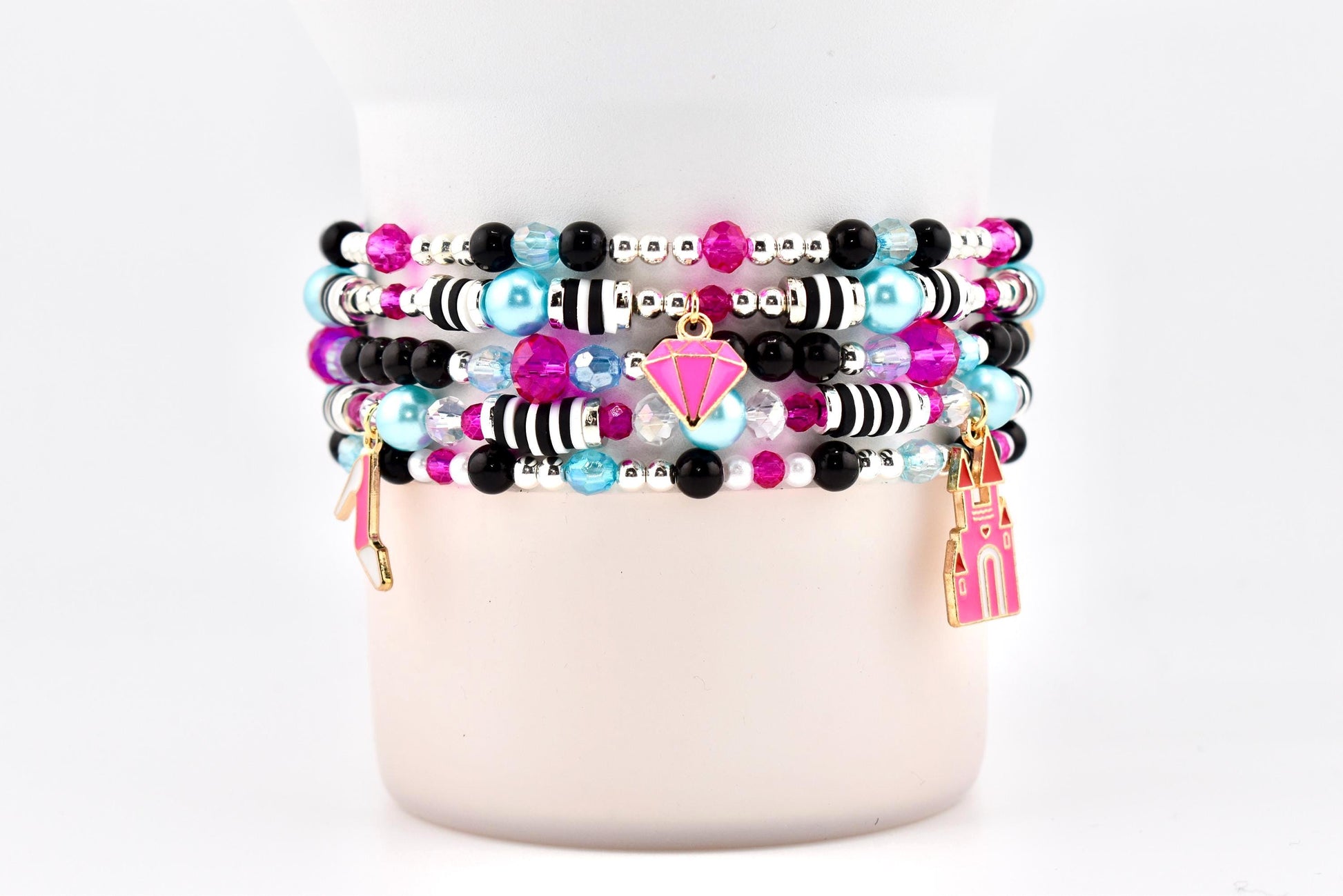 Barbie 1959 Collection Beaded Bracelets: Pink, Black, White, Blue, Silver Accents