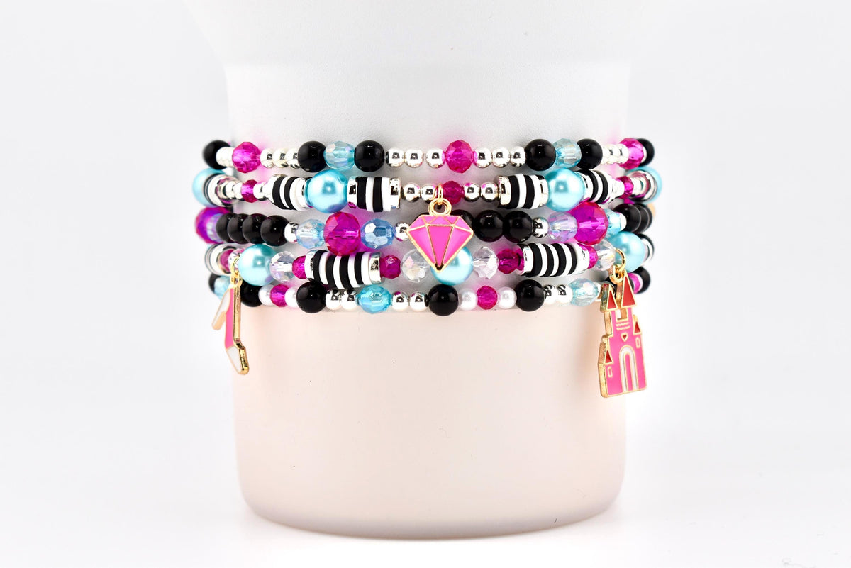 Barbie 1959 Collection Beaded Bracelets: Pink, Black, White, Blue, Silver Accents