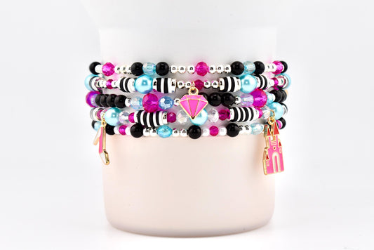 Barbie 1959 Collection Beaded Bracelets: Pink, Black, White, Blue, Silver Accents