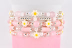 Rose Quartz Bouquet Bracelet Collection: Pink and Silver Beaded Bracelets with Clay Daisy Beads