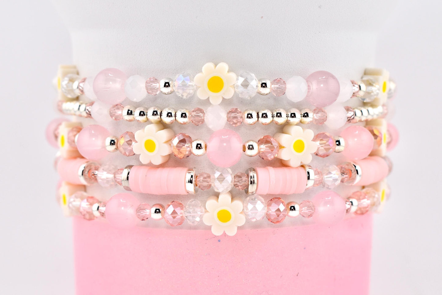 Rose Quartz Bouquet Bracelet Collection: Pink and Silver Beaded Bracelets with Clay Daisy Beads