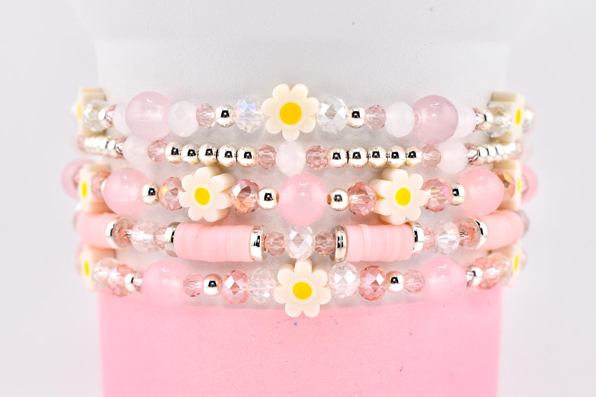 Rose Quartz Bouquet Bracelet Collection: Pink and Silver Beaded Bracelets with Clay Daisy Beads