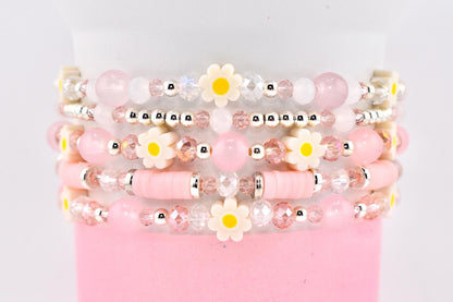 Rose Quartz Bouquet Bracelet Collection: Pink and Silver Beaded Bracelets with Clay Daisy Beads