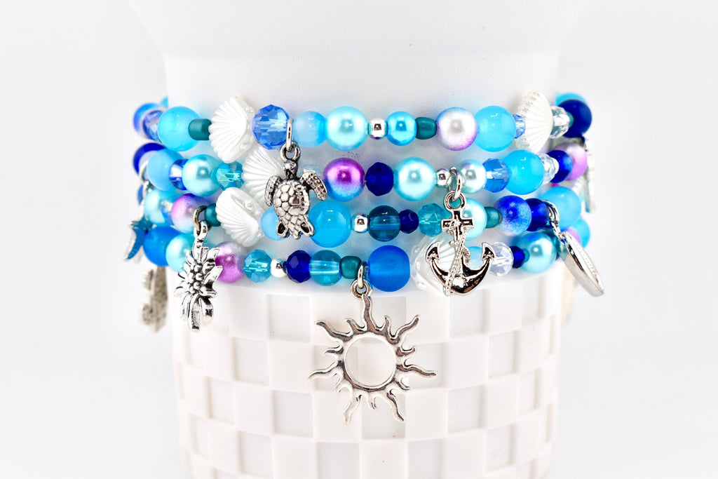 Coastal Charm Bracelet Collection: Teal Blue and Silver Beaded Bracelets with Beach Charms