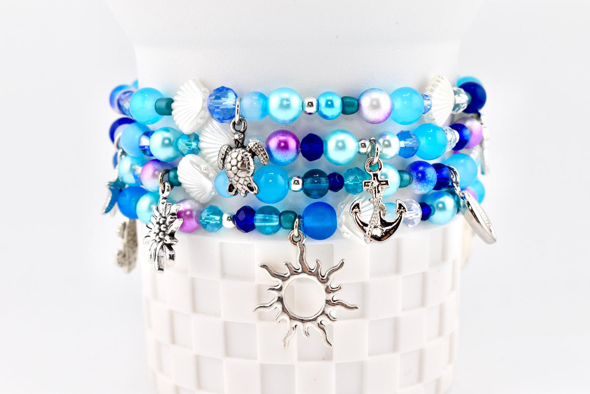 Coastal Charm Bracelet Collection: Teal Blue and Silver Beaded Bracelets with Beach Charms