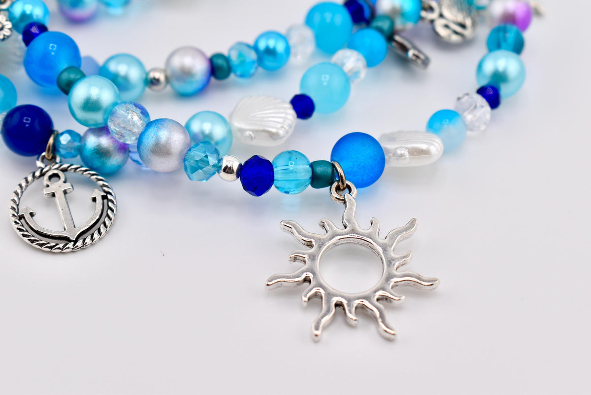 Coastal Charm Bracelet Collection: Teal Blue and Silver Beaded Bracelets with Beach Charms