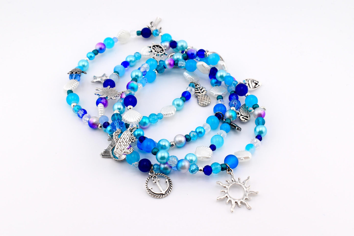 Coastal Charm Bracelet Collection: Teal Blue and Silver Beaded Bracelets with Beach Charms