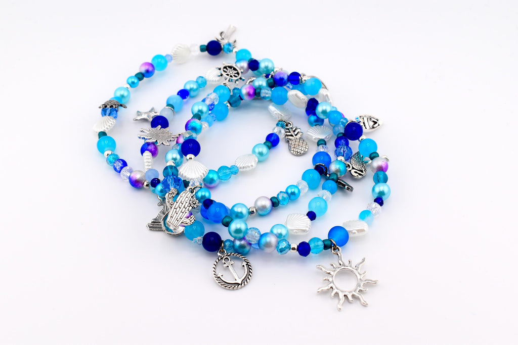 Coastal Charm Bracelet Collection: Teal Blue and Silver Beaded Bracelets with Beach Charms