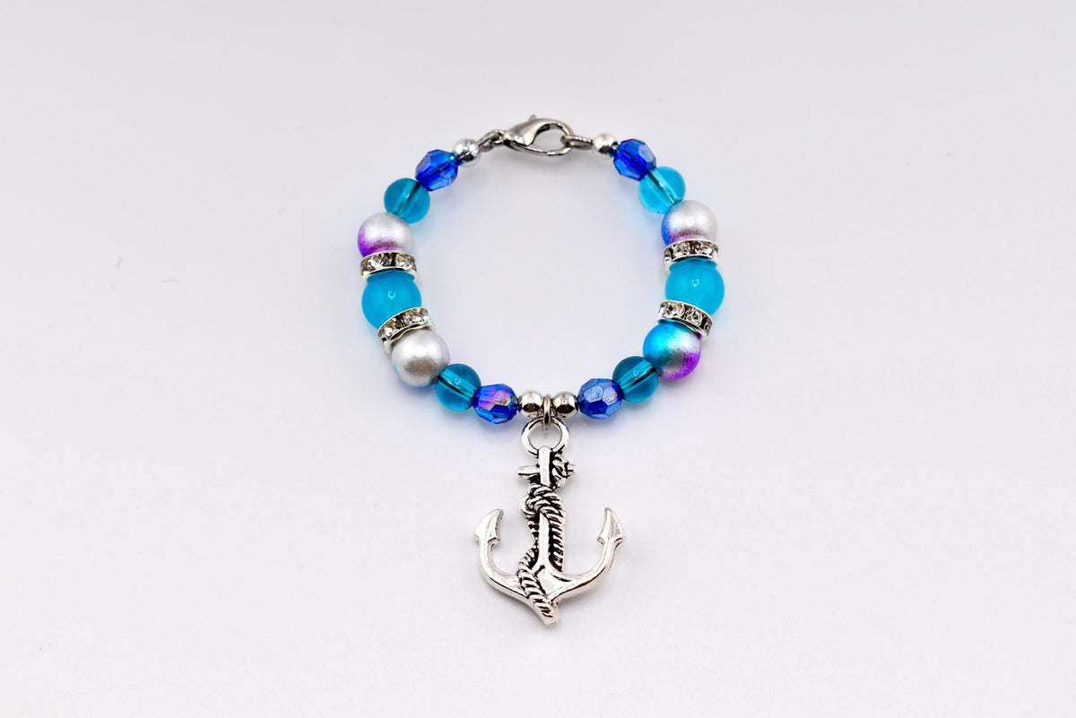 Coastal Charm Tumbler Handle Bracelet: Teal Blue Silver Anchor Charm