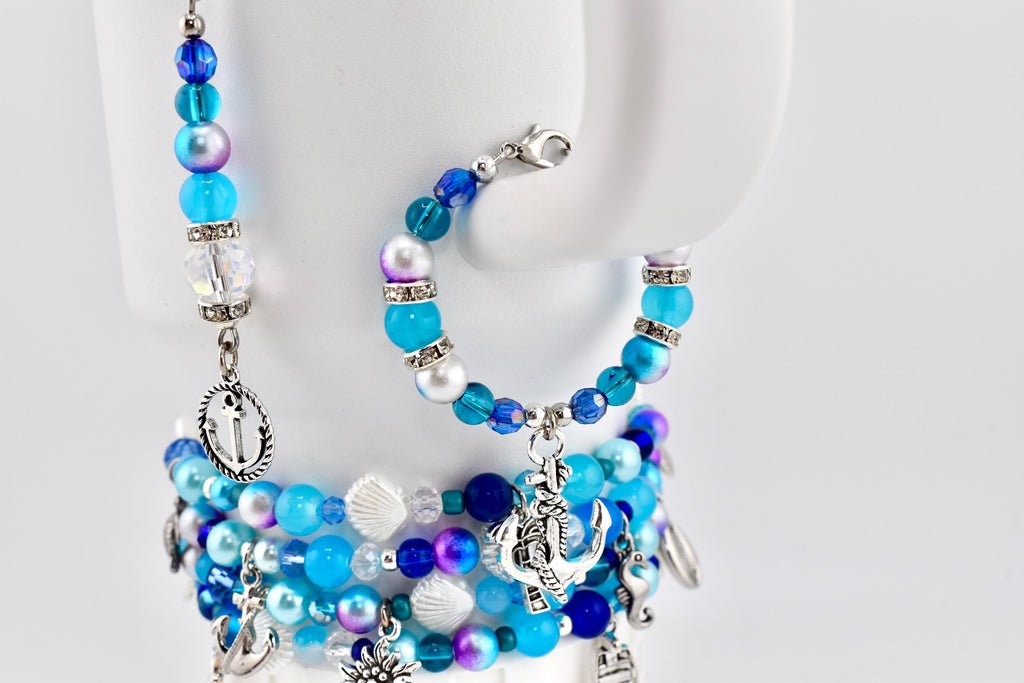 Coastal Charm Tumbler Handle Bracelet: Teal Blue Silver Anchor Charm