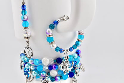 Coastal Charm Tumbler Handle Bracelet: Teal Blue Silver Anchor Charm