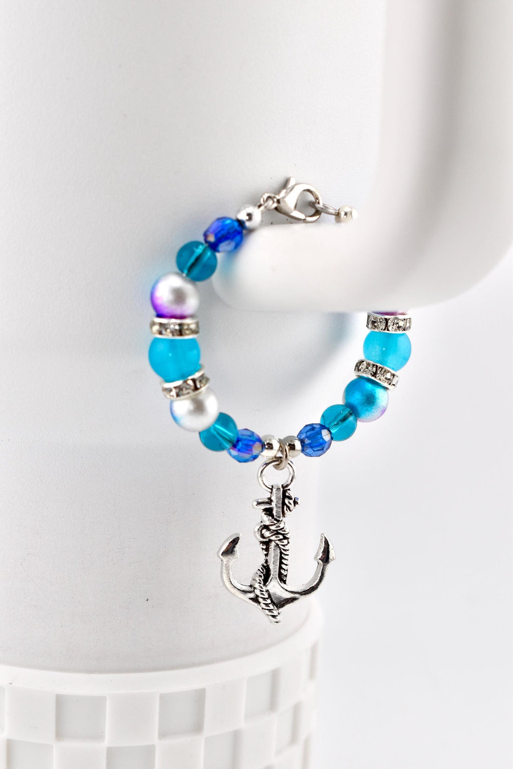 Coastal Charm Tumbler Handle Bracelet: Teal Blue Silver Anchor Charm