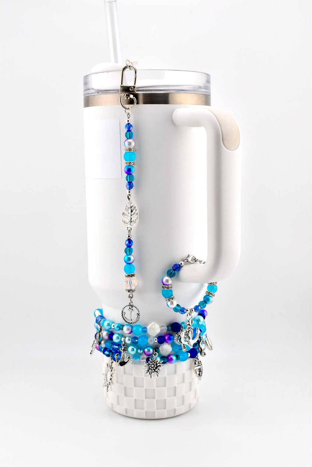 Coastal Charm Tumbler Straw Dangle: Teal Blue Silver Beads, Anchor, Monstera Leaf