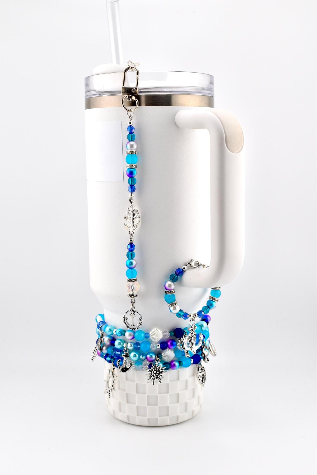 Coastal Charm Tumbler Straw Dangle: Teal Blue Silver Beads, Anchor, Monstera Leaf