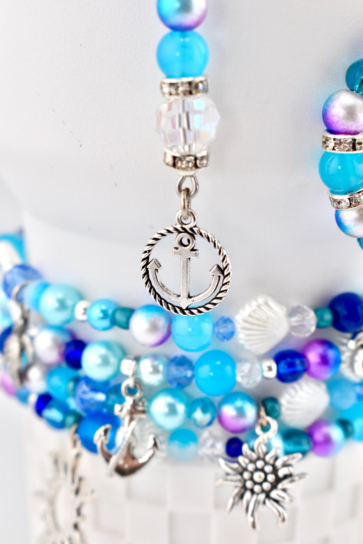 Coastal Charm Tumbler Straw Dangle: Teal Blue Silver Beads, Anchor, Monstera Leaf