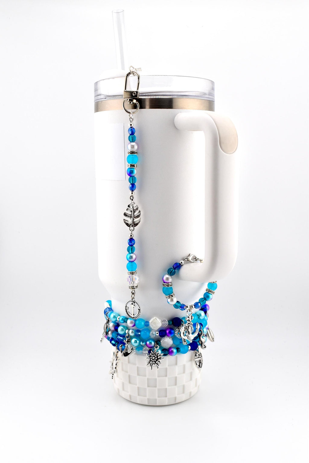 Coastal Charm Tumbler Straw Dangle: Teal Blue Silver Beads, Anchor, Monstera Leaf
