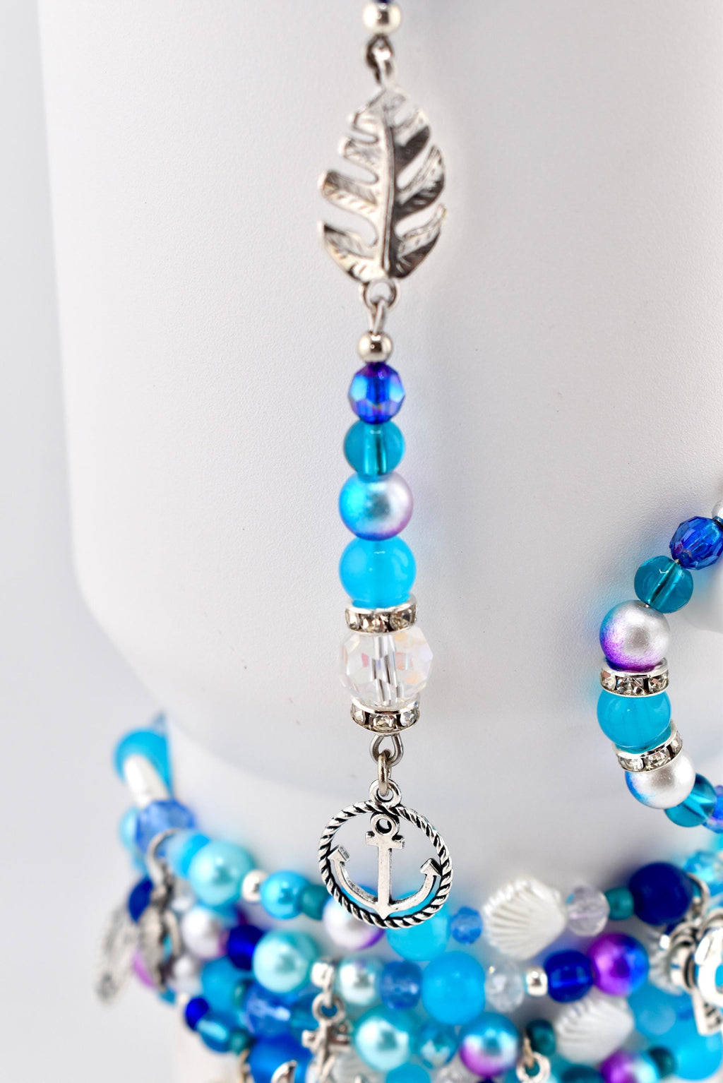 Coastal Charm Tumbler Straw Dangle: Teal Blue Silver Beads, Anchor, Monstera Leaf