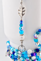 Coastal Charm Tumbler Straw Dangle: Teal Blue Silver Beads, Anchor, Monstera Leaf