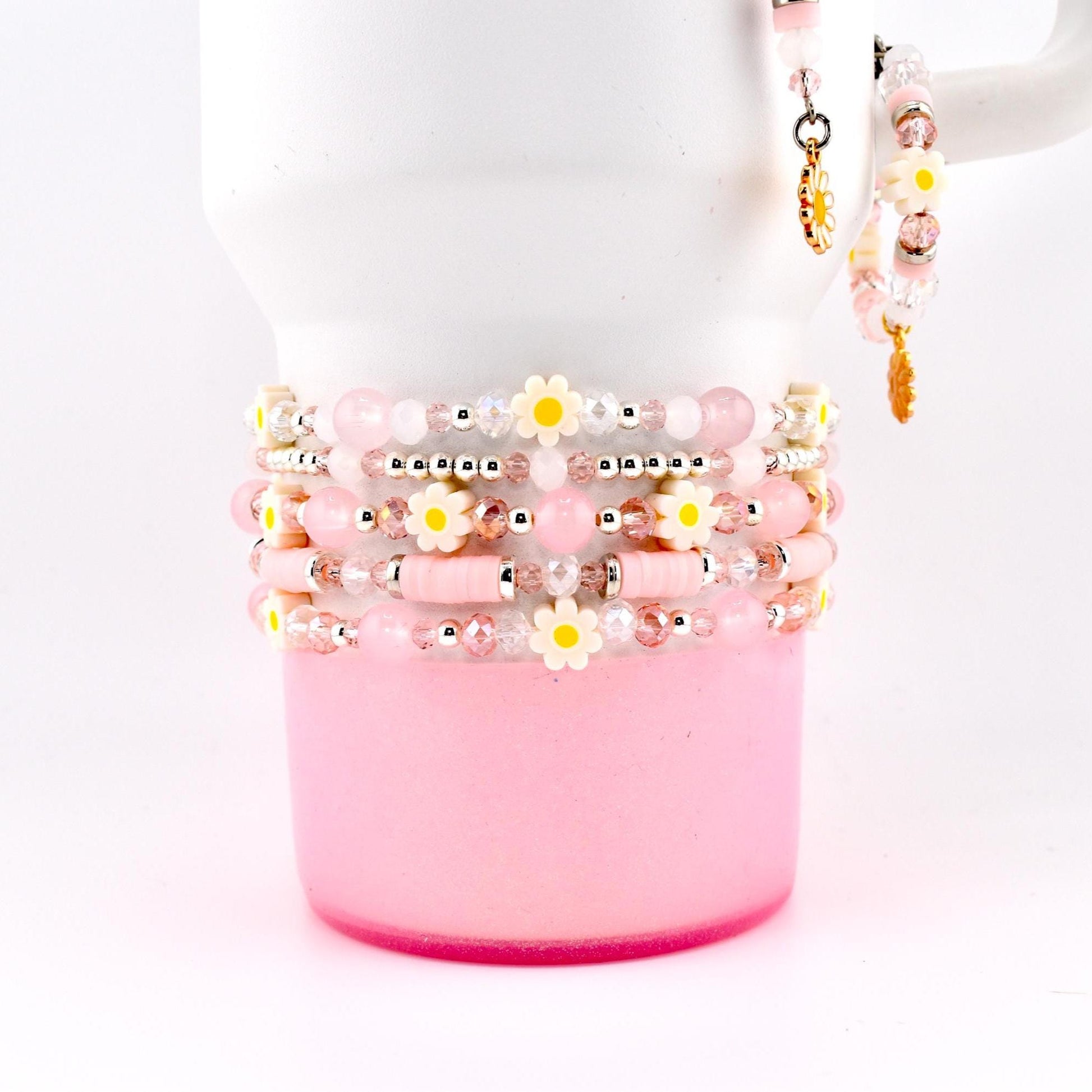 Rose Quartz Bouquet Bracelet Collection: Pink and Silver Beaded Bracelets with Clay Daisy Beads