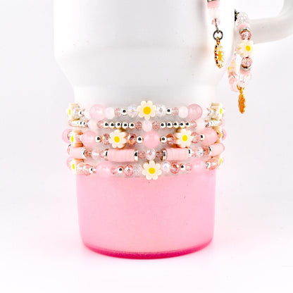 Rose Quartz Bouquet Bracelet Collection: Pink and Silver Beaded Bracelets with Clay Daisy Beads