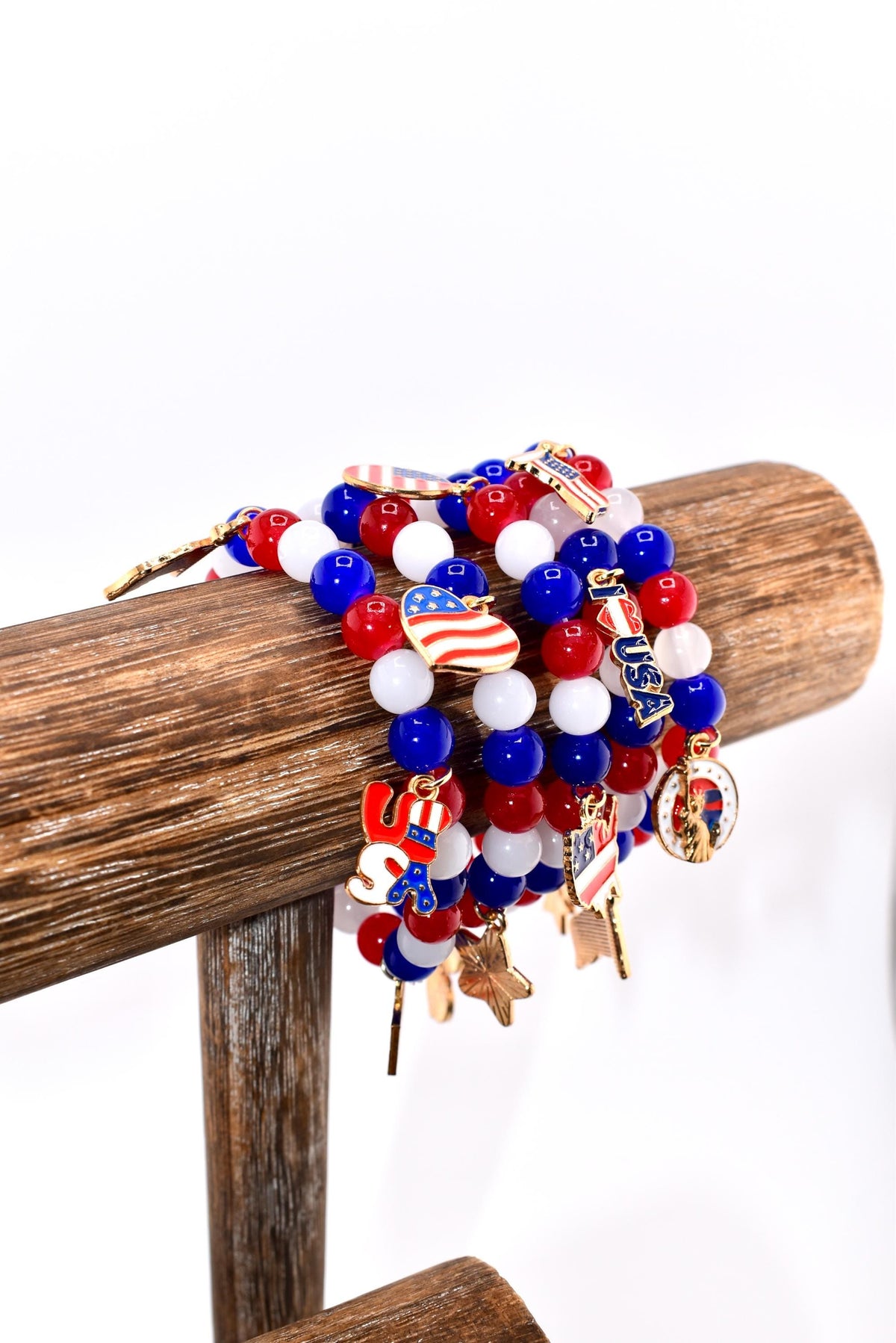 Patriotic Charm Bracelet | Red White Blue Glass Beads, USA Flag Charms