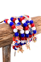 Patriotic Charm Bracelet | Red White Blue Glass Beads, USA Flag Charms
