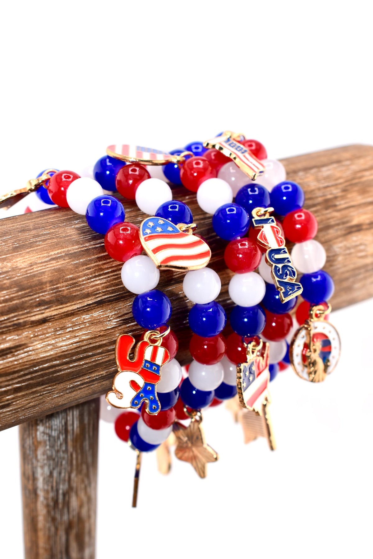 Patriotic Charm Bracelet | Red White Blue Glass Beads, USA Flag Charms