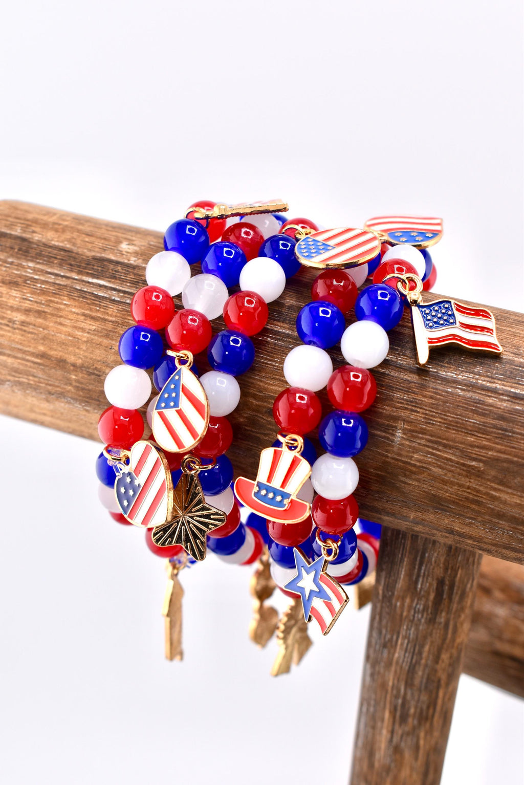 Patriotic Charm Bracelet | Red White Blue Glass Beads, USA Flag Charms
