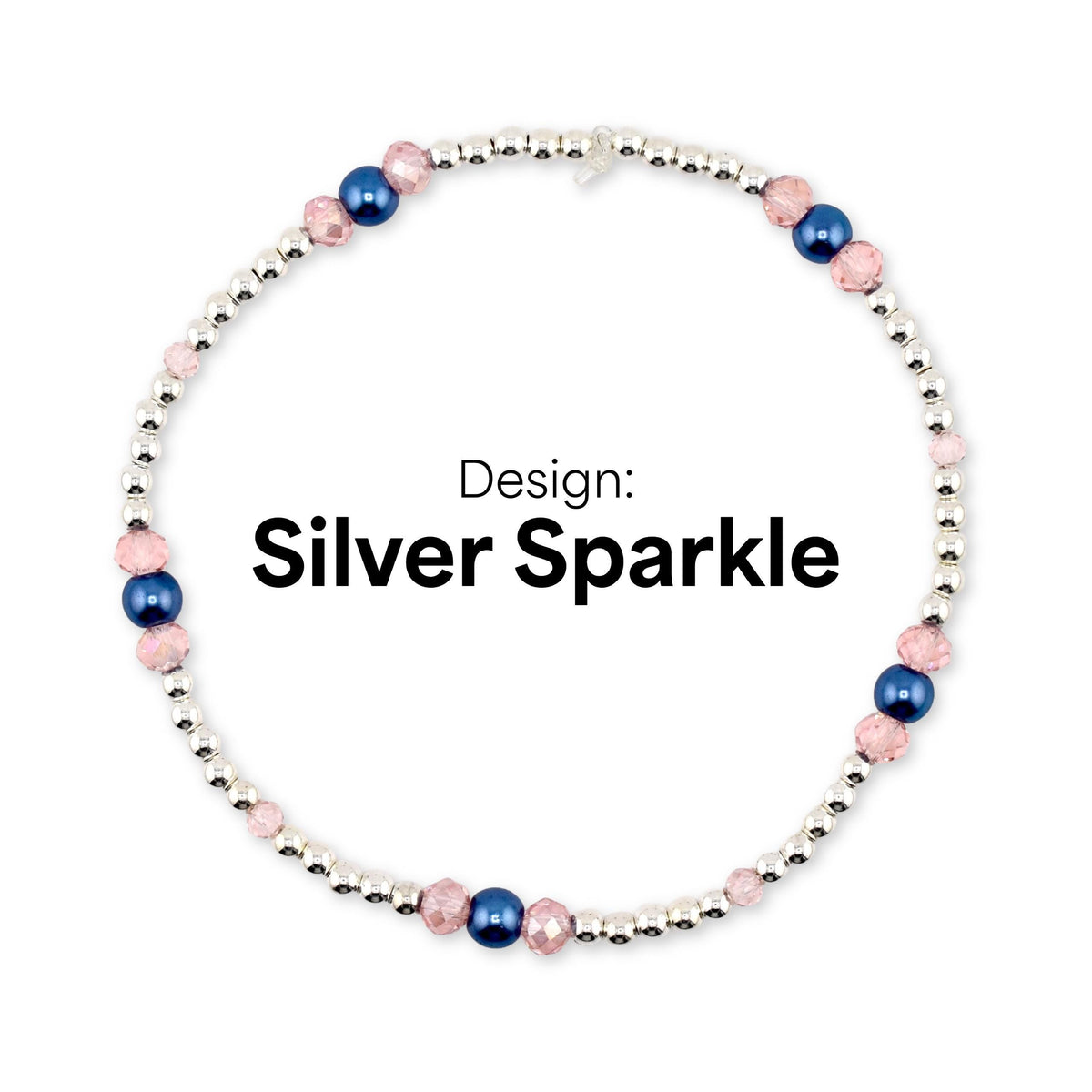 Silver sparkle bracelet with silver beads, pink faceted beads, and navy blue beads. The text "Design: Silver Sparkle" is displayed in black font.