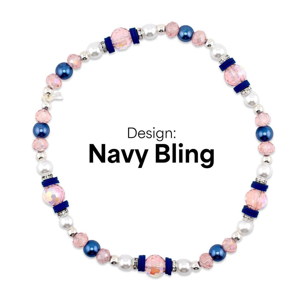 A beaded necklace with the text "Navy Bling". The necklace features a combination of pink, navy blue, and white beads. Accents include silver-colored spacers and navy blue velvet-like bands.
