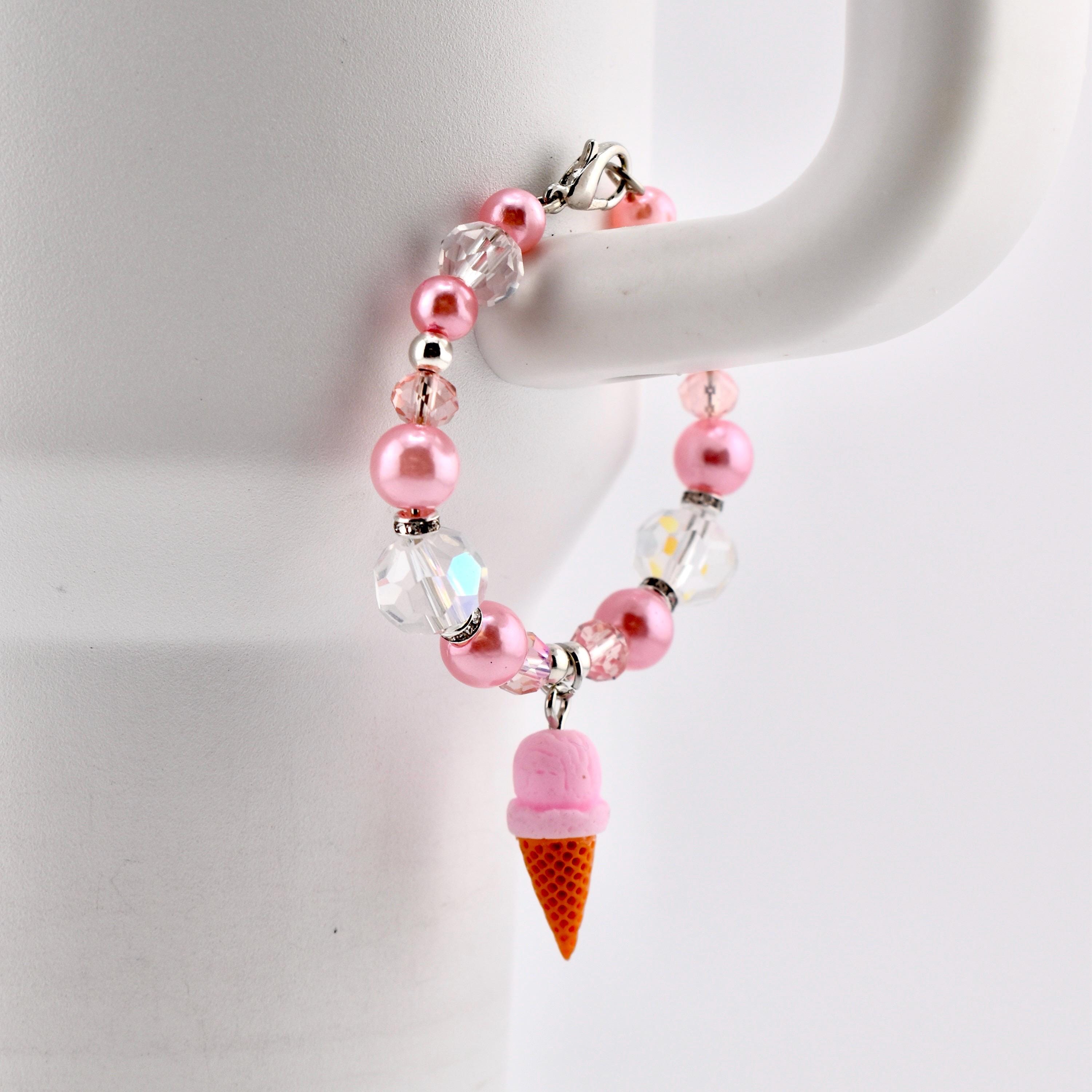 Pink Pearl Ice Cream Cone Tumbler Handle Bracelet: Beaded Summer Jewelry