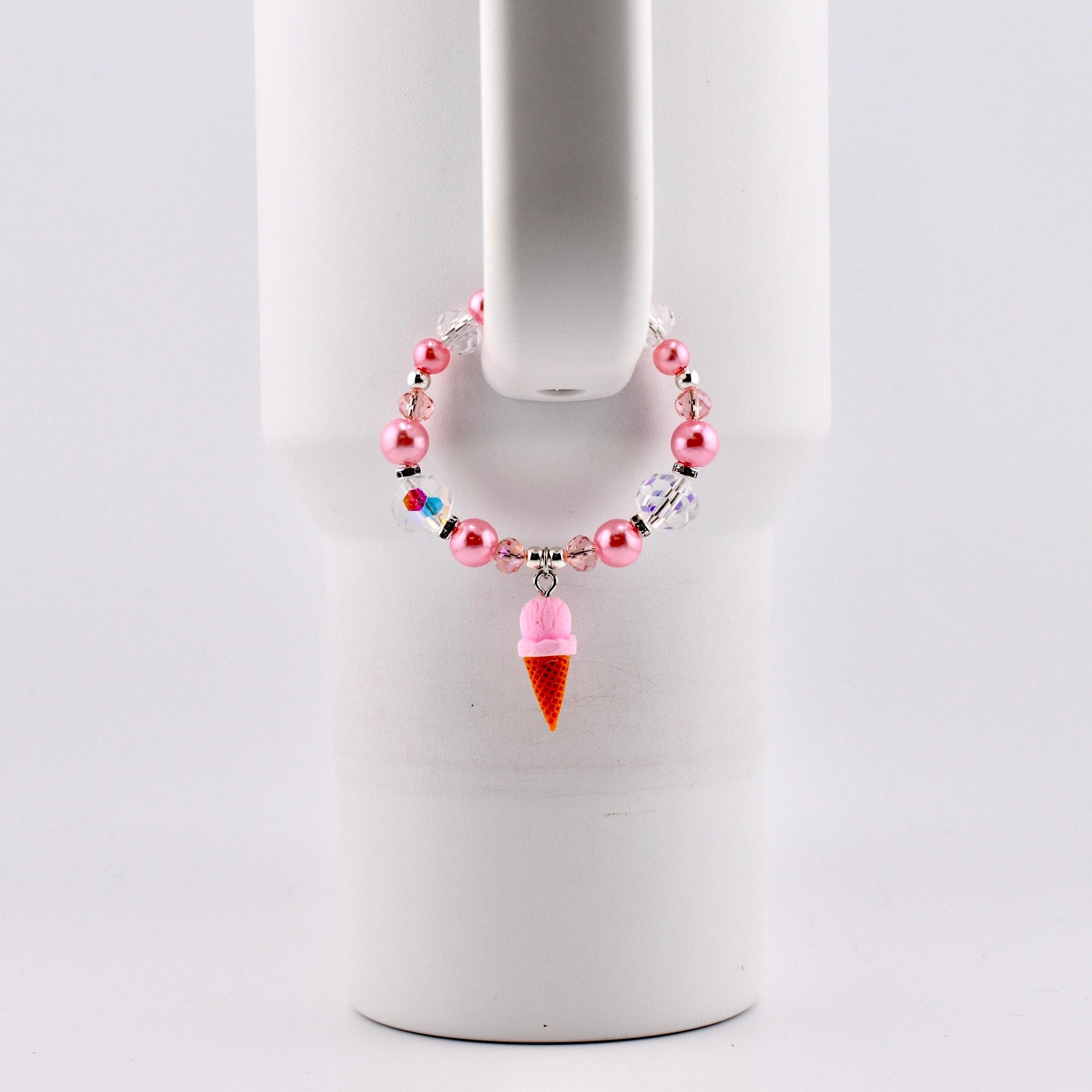 Pink Pearl Ice Cream Cone Tumbler Handle Bracelet: Beaded Summer Jewelry
