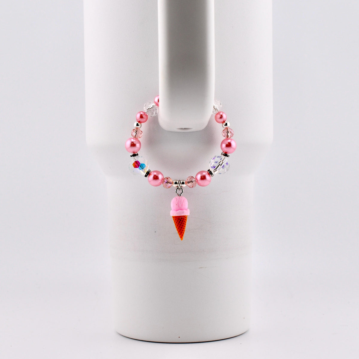 Pink Pearl Ice Cream Cone Tumbler Handle Bracelet: Beaded Summer Jewelry