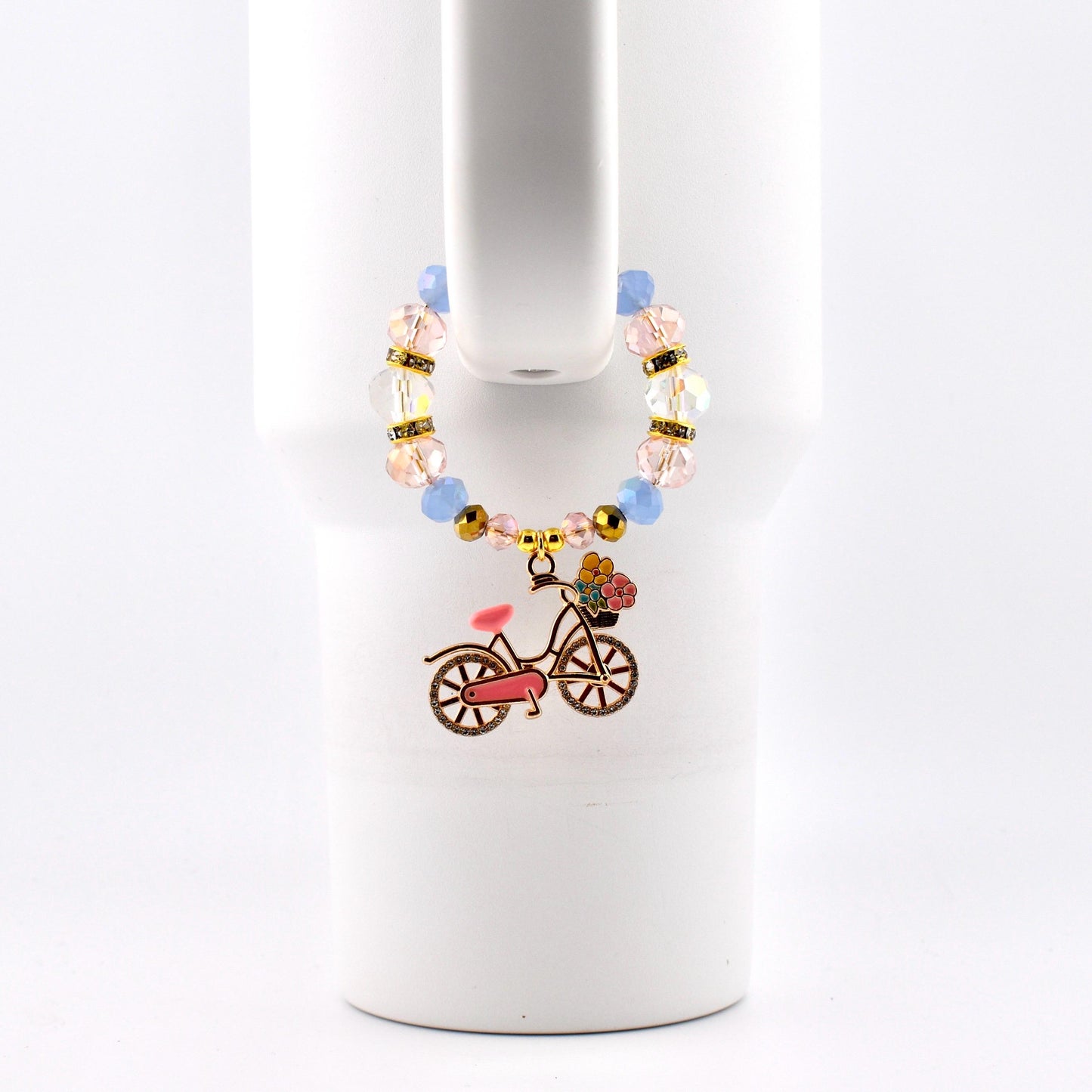 Tumbler Handle Bracelet with Rhinestone Bike Charm